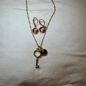 Gold Key Necklace and Earring Set with Pink Accents